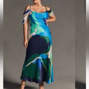 ANTHROPOLOGY Off shoulder slip dress blue multicolored SMALL